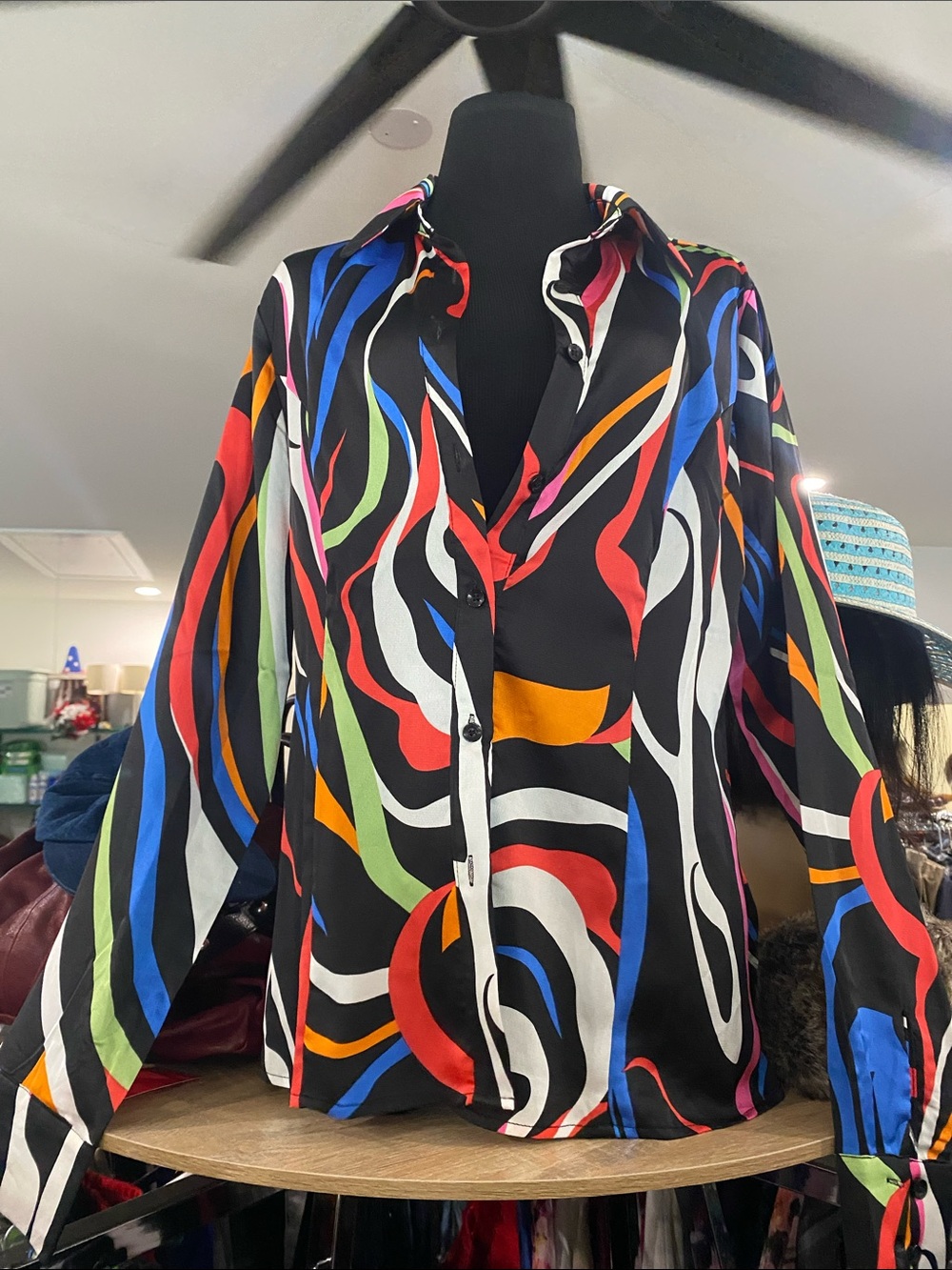 Fashion Nova Black Multicolor Swirl Button-Up Blouse